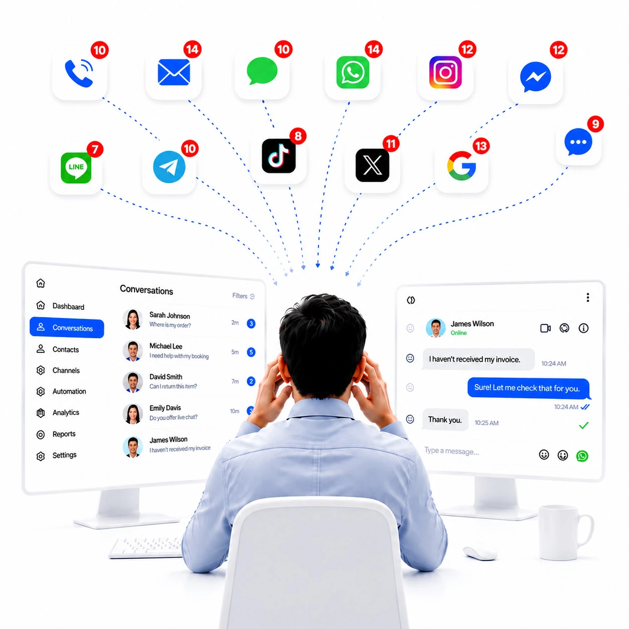 A business owner overwhelmed by customer messages arriving across phone, email, WhatsApp, Instagram, Messenger, TikTok, X, Google and more